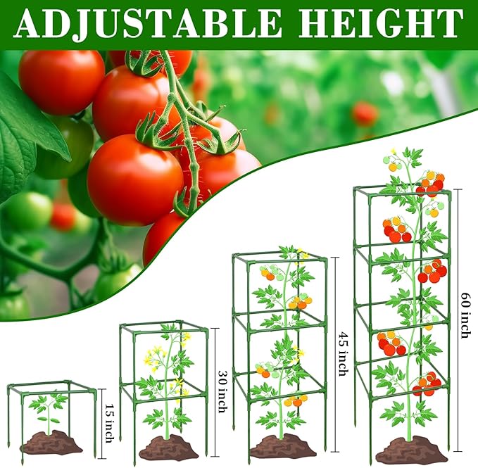 ZeeDix 6 Pack Heavy Duty Tomato Cages for Garden 60 Inches, Square Adjustable Tomato Trellis Cage Climbing Plant Support Trellis Plant Cages for Climbing Vegetables Flowers with 40Pcs Clips