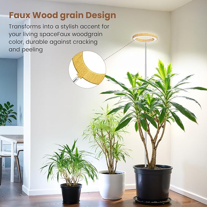 6.3in Plant Lights for Indoor Growing, Full Spectrum Faux Wood Grain Grow Light, 80 LED Growing Lamp with Height Adjustable 10"-65", 6/12/16H Timer, 3 Optional Spectrums, 5 Brightness, 3 Pack