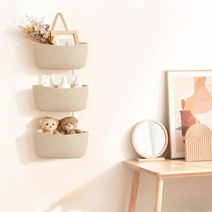 Dahey Over The Door Hanging Basket 3-Tier Woven Boho Wall Mounted Storage Organizer with Hooks for Bedroom Nursery Bathroom Apartments Dorm Pantry Decor, Jute