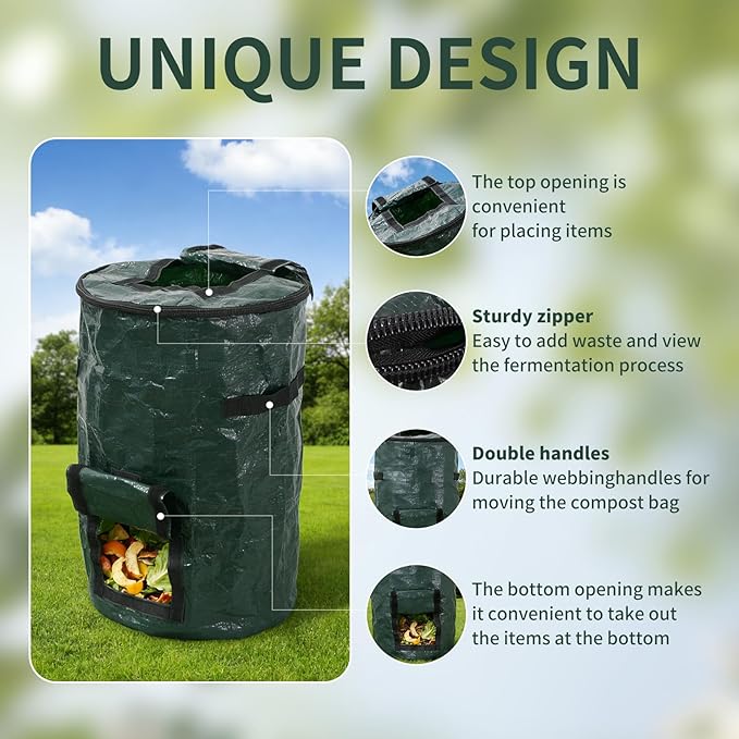 Compost Bin Bags, Outdoor Reusable Yard Waste Lawn Bags, Heavy Duty Garden Composting Garbage, Outdoor Container with Zipper Lid and Handles for Loading Leaf Trash, Green