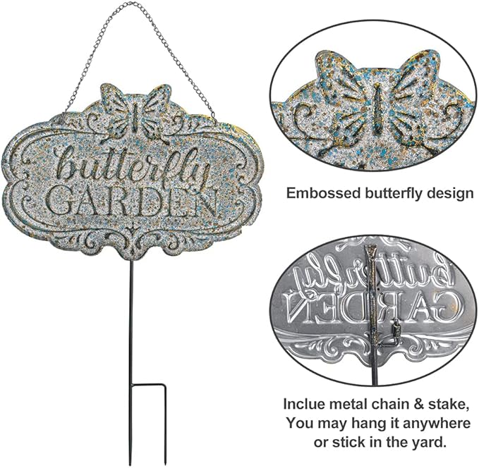 Chic Garden Decorative Butterfly Wall Signs Metal Yard Signs(Incl Stake and Chain)