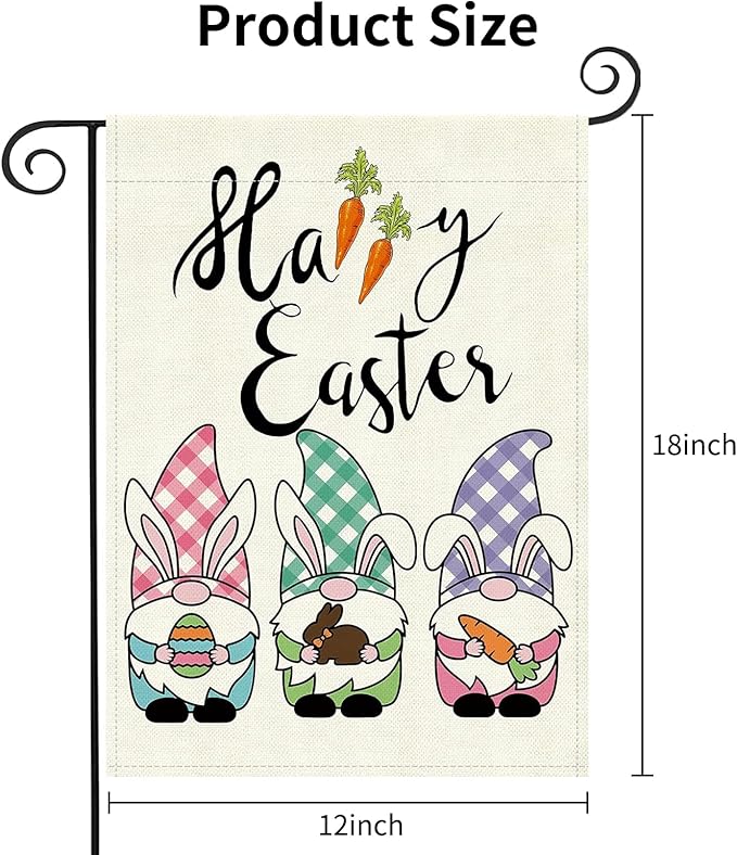 Easter Garden Flag 12x18 Inch - Cute Bunny Ear Gnome Trio with Egg & Carrot, Double-Sided "Happy Easter" Outdoor Decor for Patio Yard Easter Decorations
