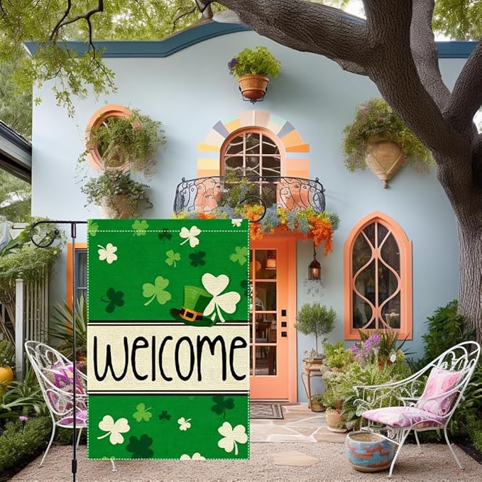 St Patrick's Day Garden Flag 12x18 Inch Double Sided Burlap Welcome Shamrock Leprechaun Hat Green Clover Pattern Outdoor Yard Decor