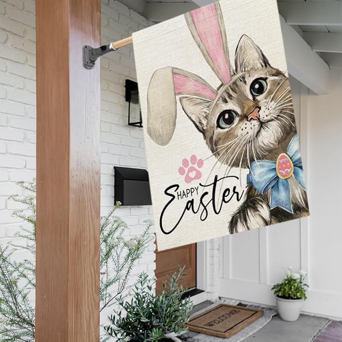 CROWNED BEAUTY Easter Cat House Flag 28x40 Inch Double Sided for Outside Small Burlap Welcome Holiday Yard Decoration CF1729-40