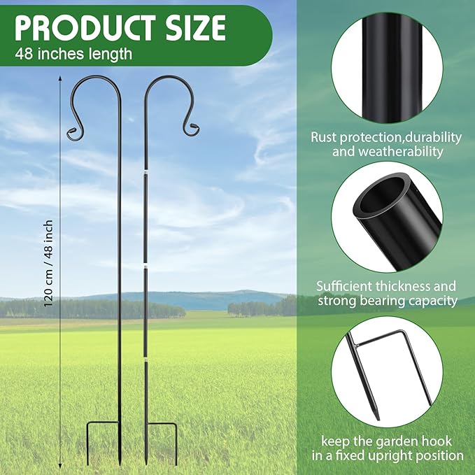 12 Pack Shepherd Hooks for Outdoor 48 Inch 1/3 Inch Thick Shepherd Metal Curled Garden Hook for Lanterns Hanging Plant Baskets Solar Lights Bird Feeders Wedding Decor, Black