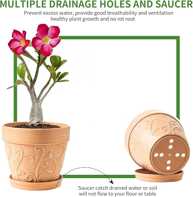 Melphoe Plant Pots Indoor with Drainage & Saucer, 2Pack 7 inch Flower Pots Outdoor Planters for Indoor Plants Garden Home Decor Cactus Succulent, Rigid Plastic (Imitation-Terracotta) Vine-Embossed