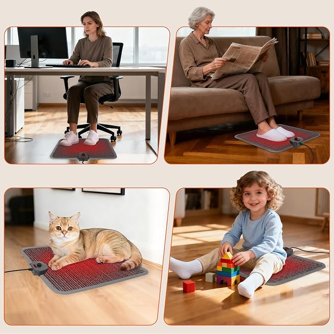 Heated Floor Mat Under Desk for Foot Warmer - Wider Electric Space Heaters 110V Adjustable Temperature Heating Pad - Carbon Crystal & Energy Saving Feet Warmers for Office,Home (Carpet Grain)