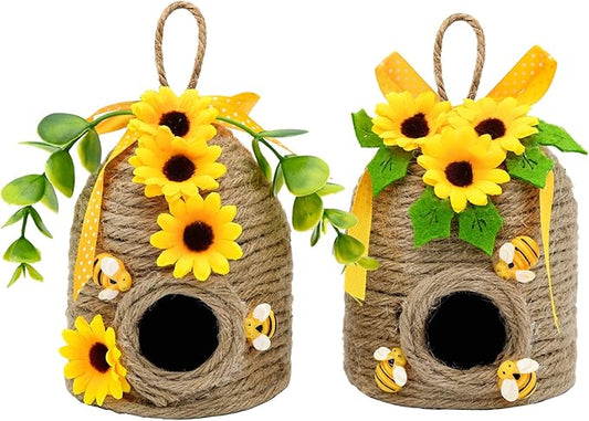 Sunflowers Bee Hive Decor, 2 Pack Farmhouse Honey Comb Bee House Decorations, Spring Summer Rustic Sunflowers Bees Themed Decorations for Home, Farmhouse Bees Kitchen Table Tiered Tray Decor