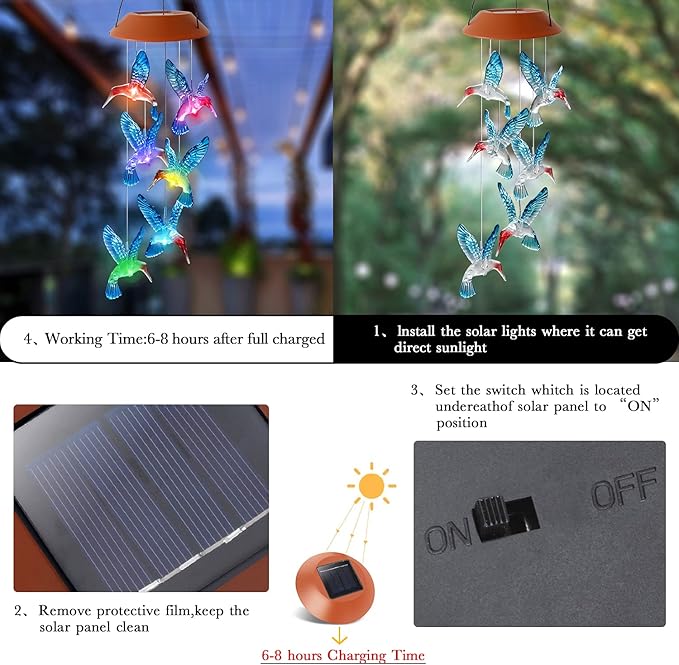 Hummingbird Wind Chimes Outdoor Color Changing Solar Mobile Light Outdoor Decoration Gifts for Grandma Birthday Gifts for Women Garden Memorial Wind Chimes (Blue)