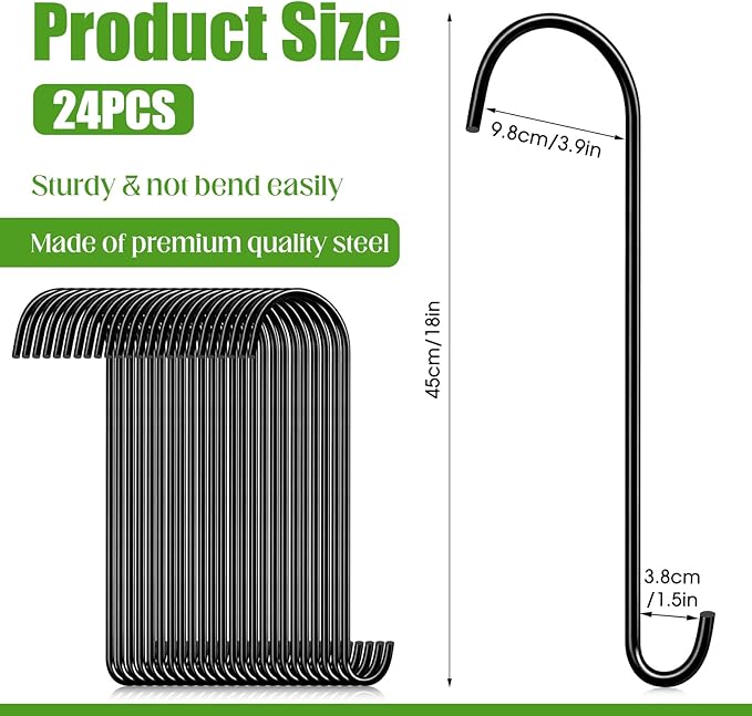 24 Pack 18 Inch S Hooks for Hanging Plants, Heavy Duty Metal Extension Hangers for Bird Feeders Wind Chimes Flower Baskets Black Vinyl Coated Rustproof Garden Hooks