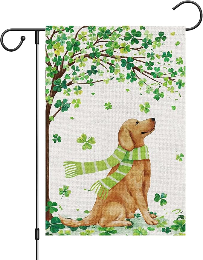 Louise Maelys St Patricks Day Garden Flag Shamrock Golden Retriever Welcome Double Sided 12x18 Inch Small Burlap Saint Spring Holiday Yard Outdoor Outside Home Decor
