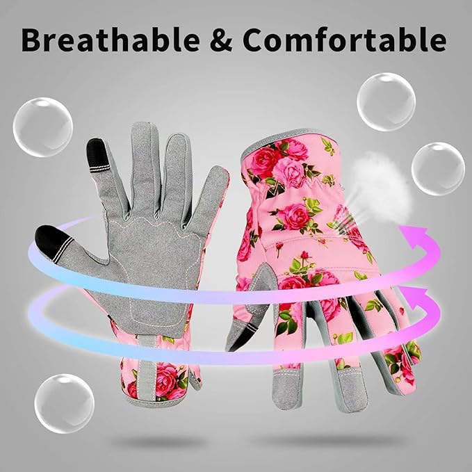Leather Gardening Gloves for Women, Flexible Breathable Garden Gloves, Thorn Proof Working Gloves for Weeding, Digging and Pruning, Large, Pink