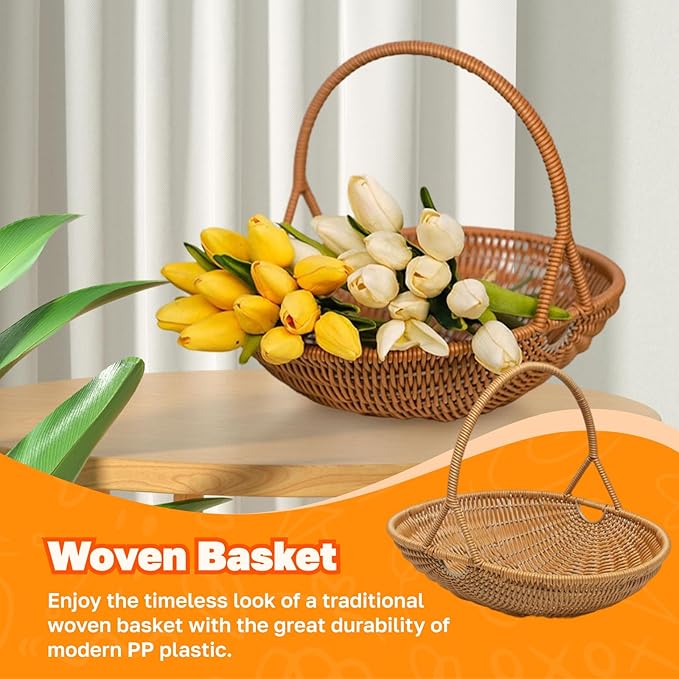 MYCENSE Wicker Picnic Storage Basket with Handle, PP Woven Empty Picnic Baskets, Sturdy Iron Wire Frame, Versatile Harvest Basket for Camping, Beach, Park, Halloween, D 26x20.5x7cm