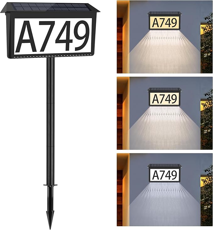 Solar Address Sign, House Numbers for Outside Light Up, 3 Colors Waterproof LED Illuminated House Numbers With Stake, Wall Mounted/In Ground Solar Powered Address Plaque for Yard Garden Home