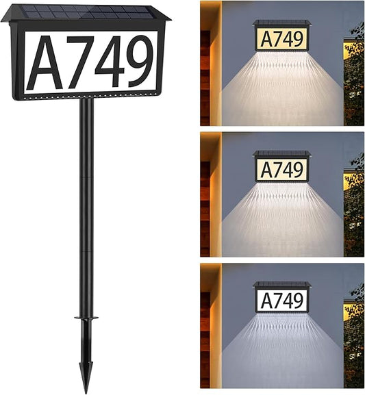 Solar Address Sign, House Numbers for Outside Light Up, 3 Colors Waterproof LED Illuminated House Numbers With Stake, Wall Mounted/In Ground Solar Powered Address Plaque for Yard Garden Home