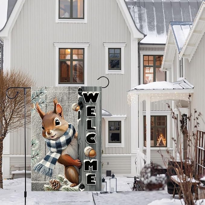 Welcome Garden Flag 12x18inch The Nut Squirrel Winter Garden Flags Yard Porch House Flag Double-Side For Home Outdoor Yard Patio Lawn Decor,Christmas Garden Decorations (RMQ-42, 12"X18")