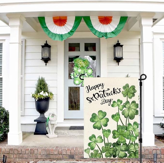 Happy St Patricks Day Garden Flag 12x18 Inch Double Sided Outside, Blossom Shamrock Outdoor Yard Flag Green Lucky Clover Holiday Decoration