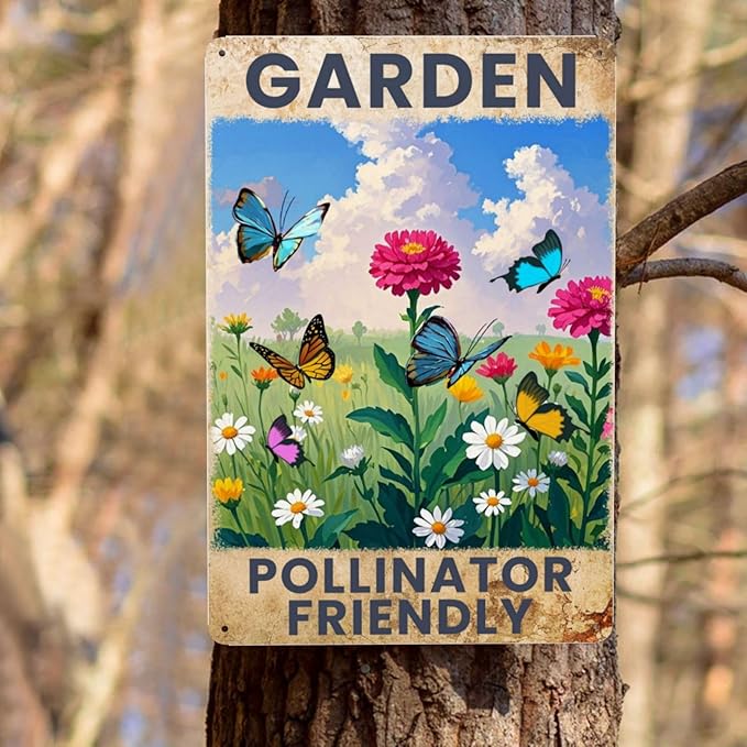 Garden Signs Pollinator Friendly Metal Tin Signs Flowers Signs 8x12 Inch Outdoor Wall Decor
