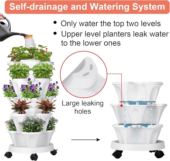 GameXcel Vertical Planter 5 Tier Stackable Planters Garden Planters Strawberry Herb Flower and Vegetable Planter Indoor Outdoor Gardening Pots with Removable Wheels and Tools White