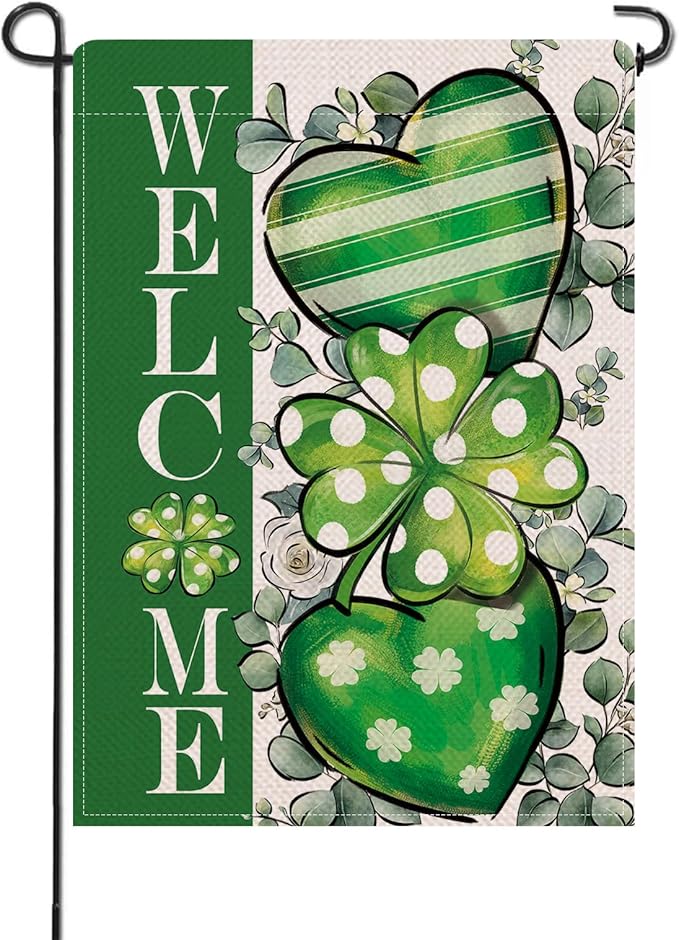 Artofy Welcome St Patricks Day Small Decorative Garden Flag, Lucky Shamrock Clover Love Heart Yard Outside Decor, Irish Spring Polka Dots Stripes Burlap Outdoor Home Decoration Double Sided 12 x 18