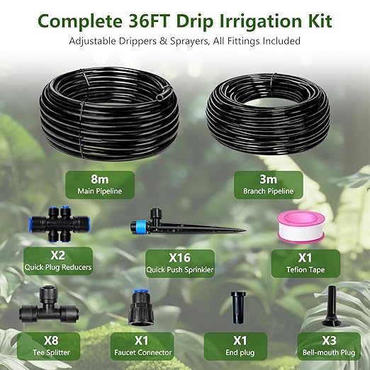 Drip Irrigation System Kit 36FT, Garden Watering System Drip Irrigation Kit with Quick-Connect 1/2'' & 1/4'' Tubing, Adjustable Drippers & Sprayers, Irrigation System for Garden, Lawn, Greenhouse