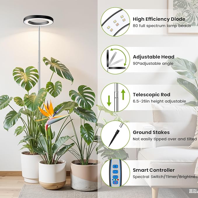 Black Grow Light, Full Spectrum LED Plant Lighs for Indoor Growing with 6/12/16H Timer, 3 Color Modes, 5 Brightness, 10"-60" Height Adjustable Grow Lamp for Tall Indoor Plants (3 Pack)