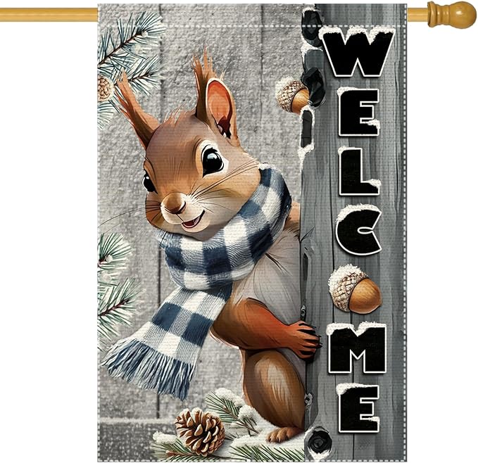 Winter Garden Flag 28x40inch The Nut Squirrel Welcome Large Garden Flags Yard Porch House Flag Double Side For Home Outdoor Yard Patio Lawn Decor, Garden Decorations (RMQ-160D, 28"X40")