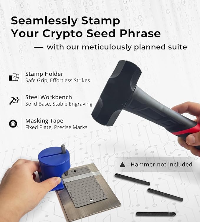 Crypto Seed Phrase Storage - Titanium Seed Phrase Plate and Stamp Set - Offline Cold Wallet for Bitcoin Ethereum for 12-24 Words BIP39 Compatible Wallets (Ledger, Metamask & More)