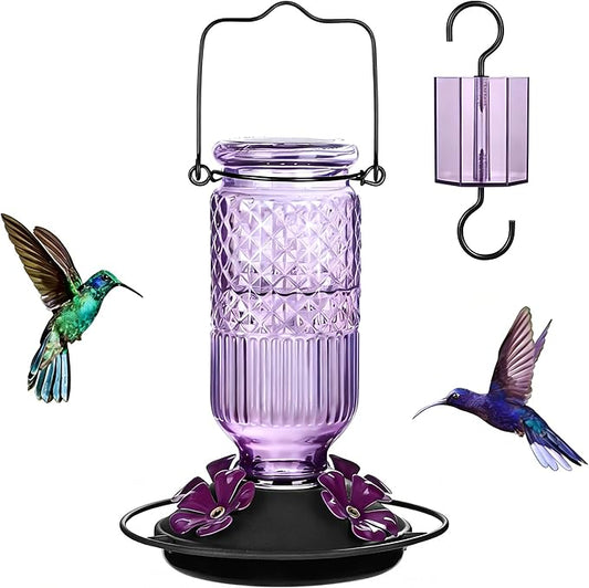 FEED GARDEN Glass Hummingbird Feeder for Outdoors Hanging, 16 OZ Humming Bird Feeders with 4 Bee Guard Feeding Ports&Built-in Ant Moat, Hummingbird Gifts for Mom Bird Feeder for Outside, Purple,1 Pack