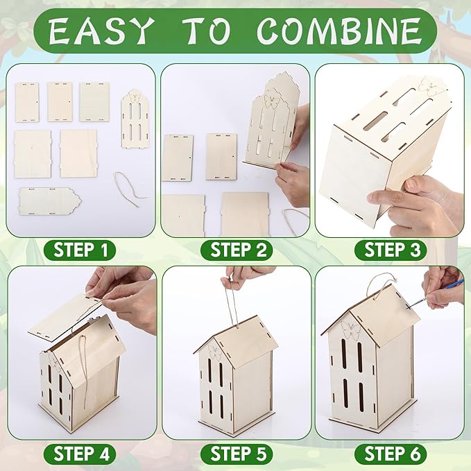 DoubleFill 48 Pack Wood Butterfly House Painting Crafts Kits My First Butterfly House DIY Art Craft Kit with Hemp Rope DIY Cedar Wooden Birdhouse for Building Bee Ladybug Habitat (No Paint