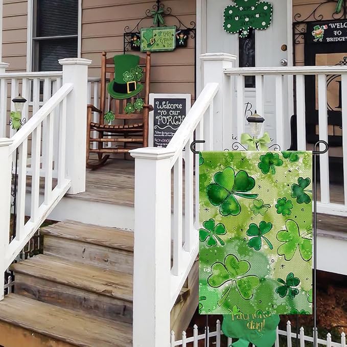 St Patricks Day Garden Flag for Outside 12x18 Inch Burlap Double Sided, Watercolor Green Lucky Shamrock Clover Sign Small Farmhouse Yard Outdoor Decoration DF434