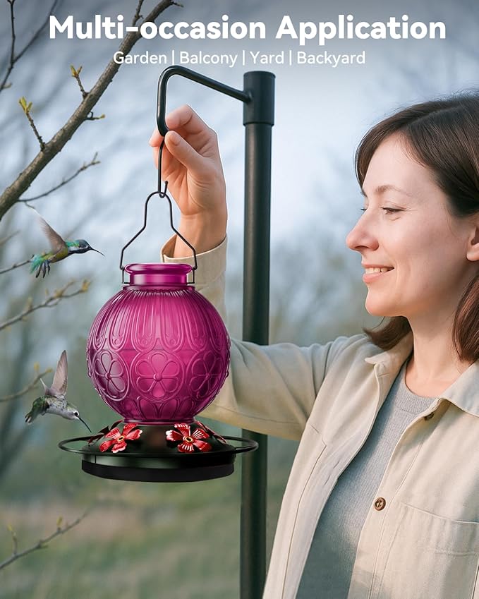 26Oz Hummingbird Feeder for Outdoors, Vintage Glass Bird Feeder with Perch, Durable & Easy to Clean, Hanging Nectar Feeder for Garden, Yard, Deck – Gifts for Women Mom (Violet)