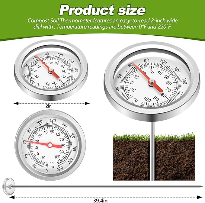 Compost Thermometer 39.4 Inch Stem Composting Soil Thermometer Waterproof Soil Temperature Thermometer, Fahrenheit and Celsius, Stainless Steel, with Composting Temperature Guide