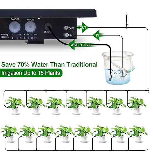 RISINGUP 49FT Solar Drip Irrigation System, Auto Plant Watering Kit with Anti-Siphoning Device 750ml/min Flow with 2200mAh Battery, for 15 Potted Plants Outdoor Garden, Patio, Balcony, Greenhouse