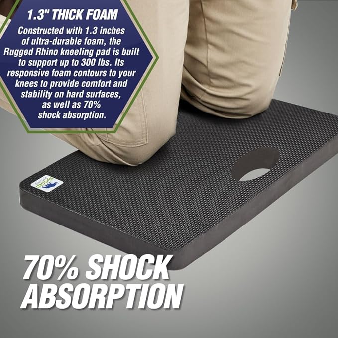 RUGGED RHINO Heavy Duty Patent Pending Kneeling Pad, Shock Absorbent Thick Knee Pads, Holds Up to 300 lbs, Protect Knees from Hard Concrete Surfaces, For Mechanics, Yard Gardening, Gym, Onyx Black