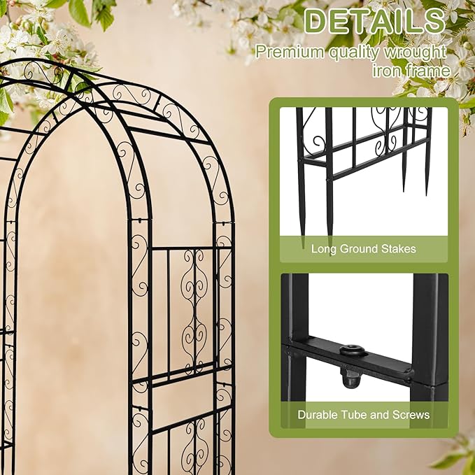 Outvita 7FT Garden Arch Arbor, Heavy Duty Metal Arbour Archway, Decorative Frame Stand Trellis with 7 Inch Ground Stakes for Wedding Ceremony Party Plant Climbing Rose Vines Lawn Courtyard Patio Black