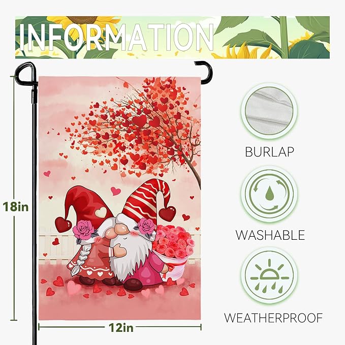 Gnomes Kiss Garden Flag 12 x 18 Inch Double Sided Valentine's Day Red Hearts Burlap Yard Flags Holiday Love Kiss Small Outdoor Flag Garden Decoration