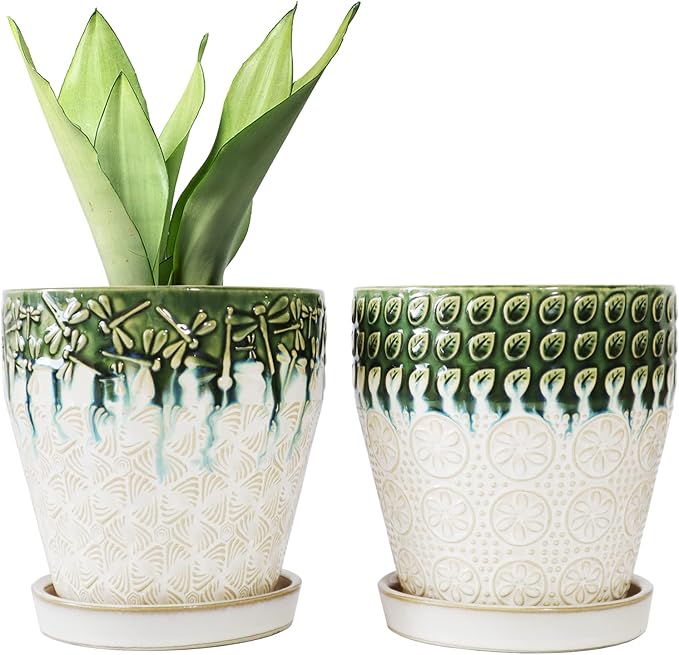 6 Inch Ceramic Planter Pots with Drainage Holes, Saucers and Mesh Pads for Indoor-Outdoor Plants, Succulent Orchid Flower Large Round Plant Pot, Set of 2 (Green+White)