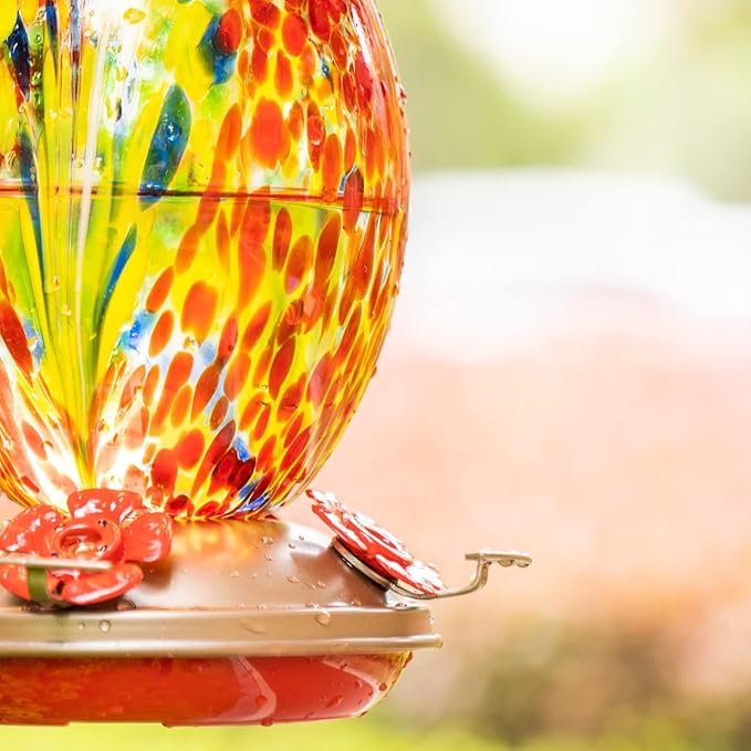Muse Garden Glass Humming Bird Feeders for Outdoors - 27OZ Blown Glass Hummingbird Feeder - Unique Gift Mom Bird Lovers Women, Outdoors Hanging Garden Decor, Includes Ant Moat & Brush, Red Phoenix