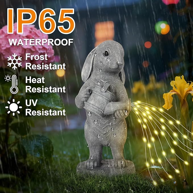 Garden Statues Dog Statue with Solar LED Light, Ideal Gifts for Friends or Family's Birthday, Outdoor Decorations for Yard (Water-Sprinking Rabbit)