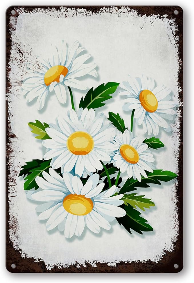 LZHQMI Vintage Tin Signs Flowers White Daisy Metal Wall Art Retro Flower Sign Wall Decor Kitchen Metal Tin Signs Cute Daisy Bathroom Wall Decorative Garden Signs Home Gift 8x12 Inch