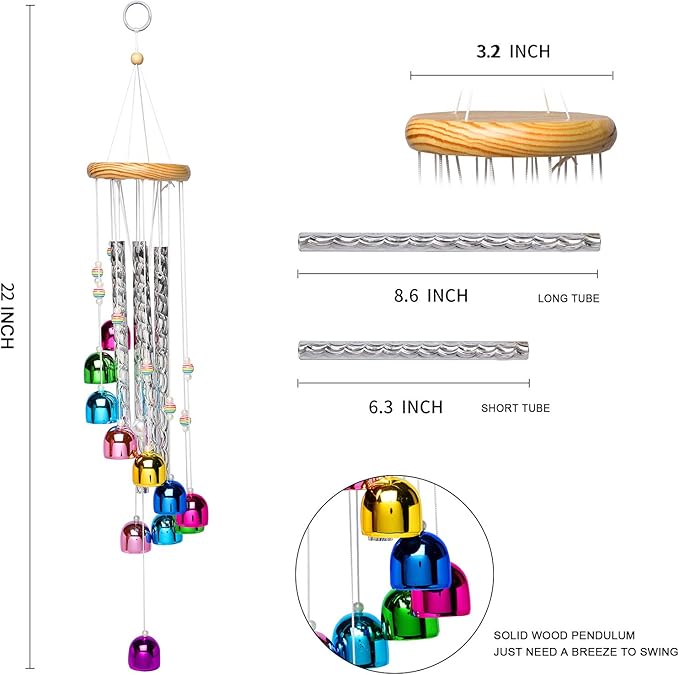 Colorful Wind Chimes for Outside with 4 Aluminum Tubes Comes with 11 Bells for Home Garden Yard Patio Decor