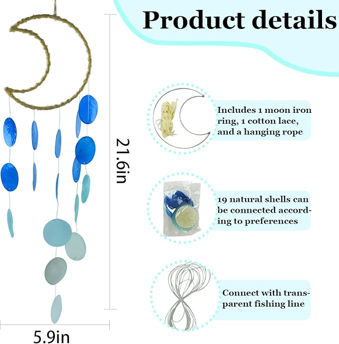 Wind Chimes Making Supplies Kits for Adults Arts and Crafts-DIY Wind Chime Parts with Round Capiz Shells Metal Hoops Moon Shaped Fishing Line Twine String Ribbon,Gifts for Women Mom(Blue)