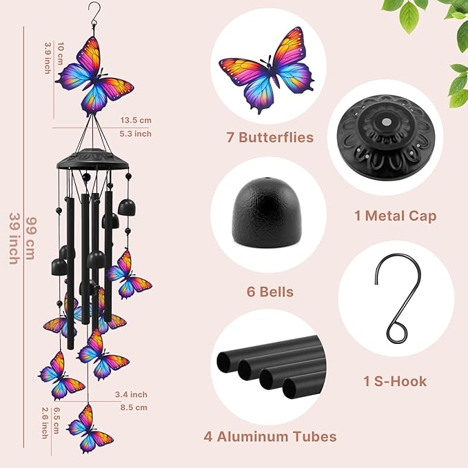 Butterfly Wind Chimes for Outside, Black Metal Windchimes Outdoors, Butterflies Gifts for Women/Men, Garden/Yard Decor, Memorial/Birthday Gifts for Grandma/Mom, Durable Chimes for Outdoors