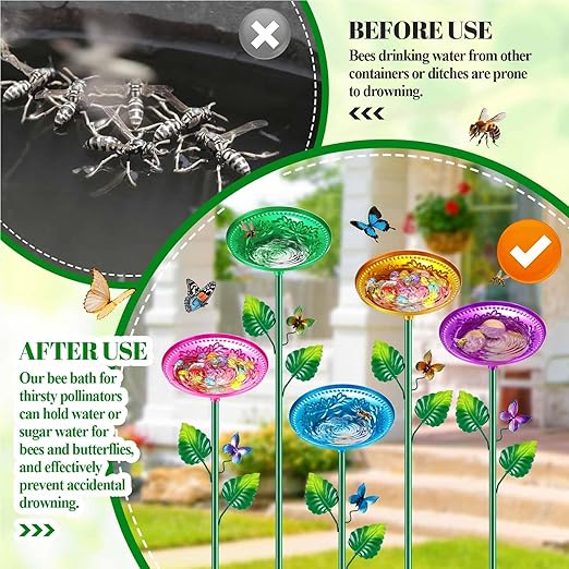 5 Pack Bee Watering Station, Bee Bath for Garden Metal Bee Butterfly Feeder, Colorful Flower Shape Bee Watering Cup Bowl Bee Waterer for Outdoor Outside Yard Decor Pollinator Watering