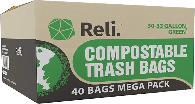 Reli. Compostable 33 Gallon Trash Bags | 40 Count | ASTM D6400 | Green | Eco-Friendly | For Compost