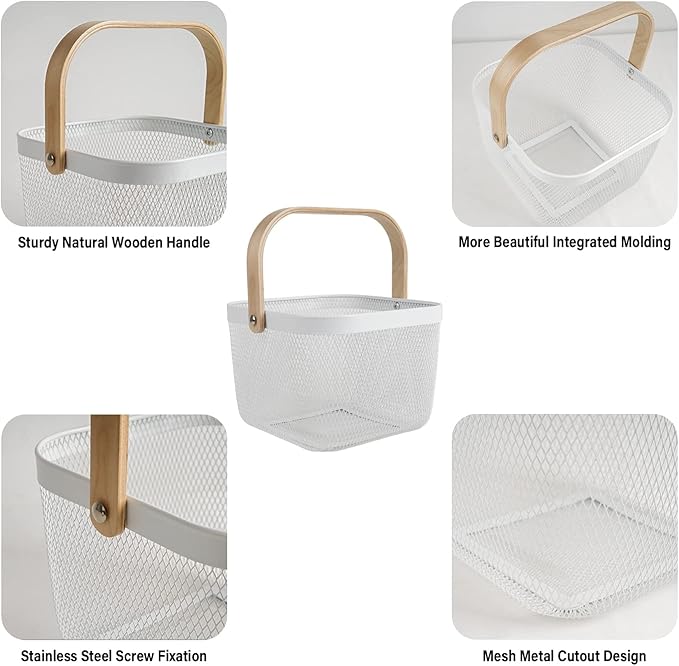 Metal Mesh Steel Harvest Basket, Square Wire Garden Basket with Handle – Multi-Functional Storage Organizer for Gathering Vegetables, Fruits, Kitchen, Garden, Picnic & Cabinet (White)