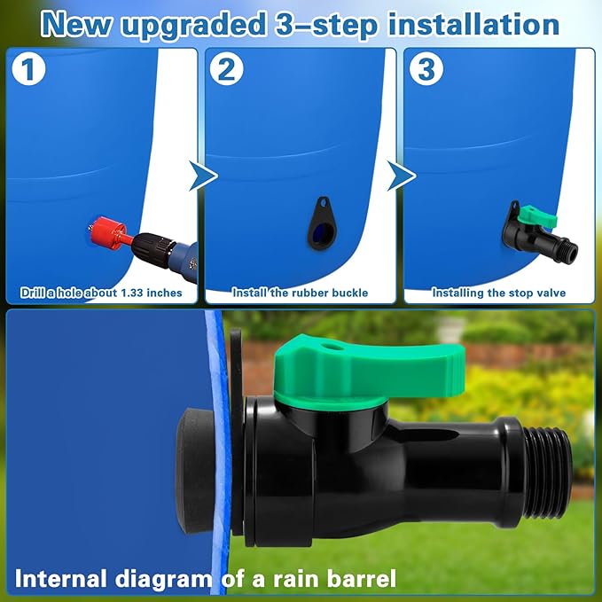 Rain Barrel Spigot Kit with High Flow Valve No Inside Access Needed,External Installation,Straight Head 3/4" NPT to 3/4" GHT Faucet for Plastic WaterTanks,Buckets,Rainwater Drums & Downspout Collector