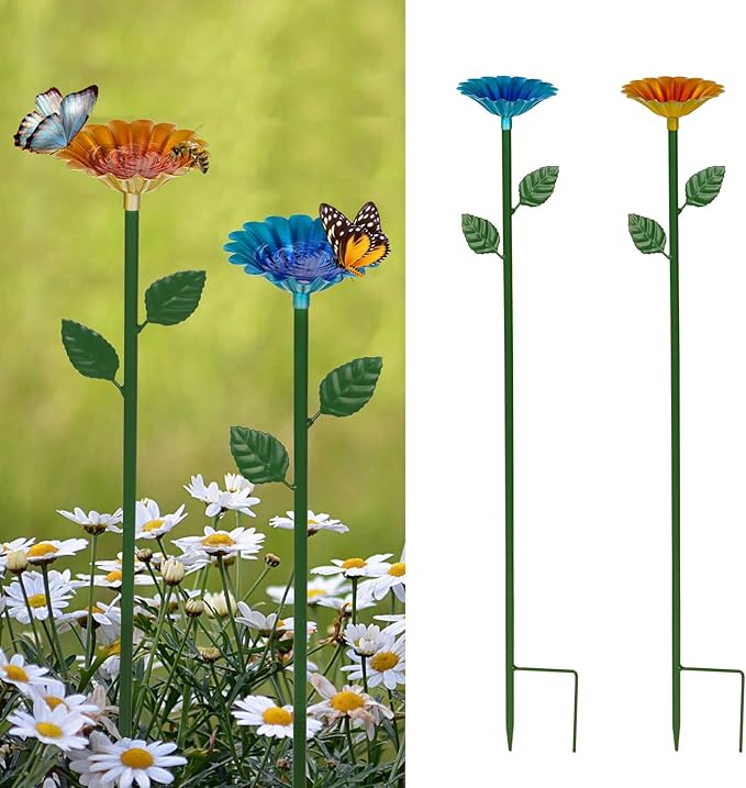 2 Pack Bee Watering Station,Bee Bath for Garden Metal Bee Water Feeder with Flower Design, Colorful Butterfly Bee Bath Bowl for Outdoor Garden Yard Decor (Blue,Yellow)