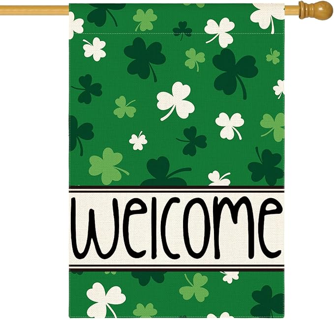 AVOIN colorlife St Patricks Day House Flag 28x40 Inch Double Sided Outside, Shamrocks Clovers Welcome Yard Outdoor Flag